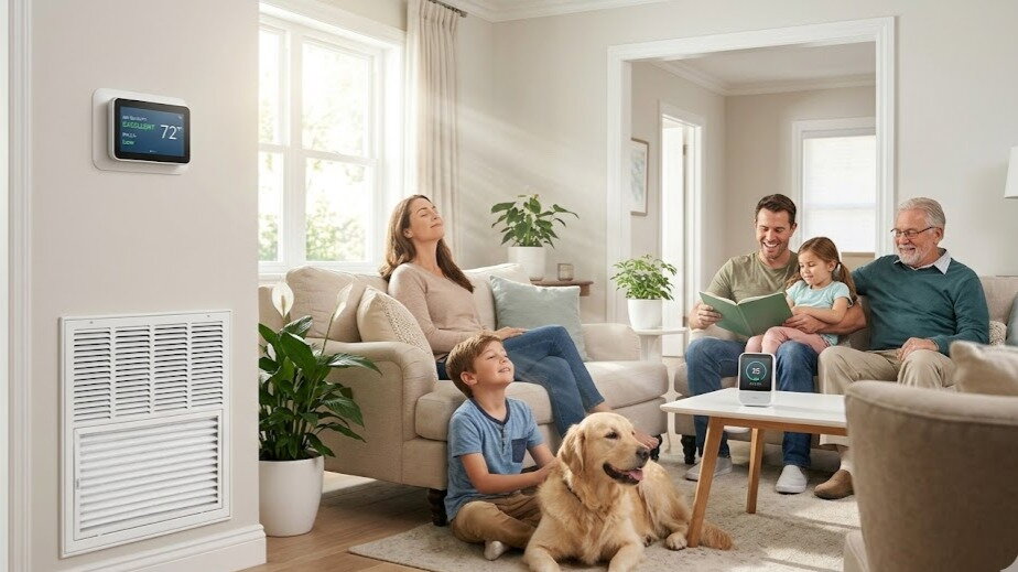 A San Antonio family relaxing comfortably in a home with clean, healthy indoor air