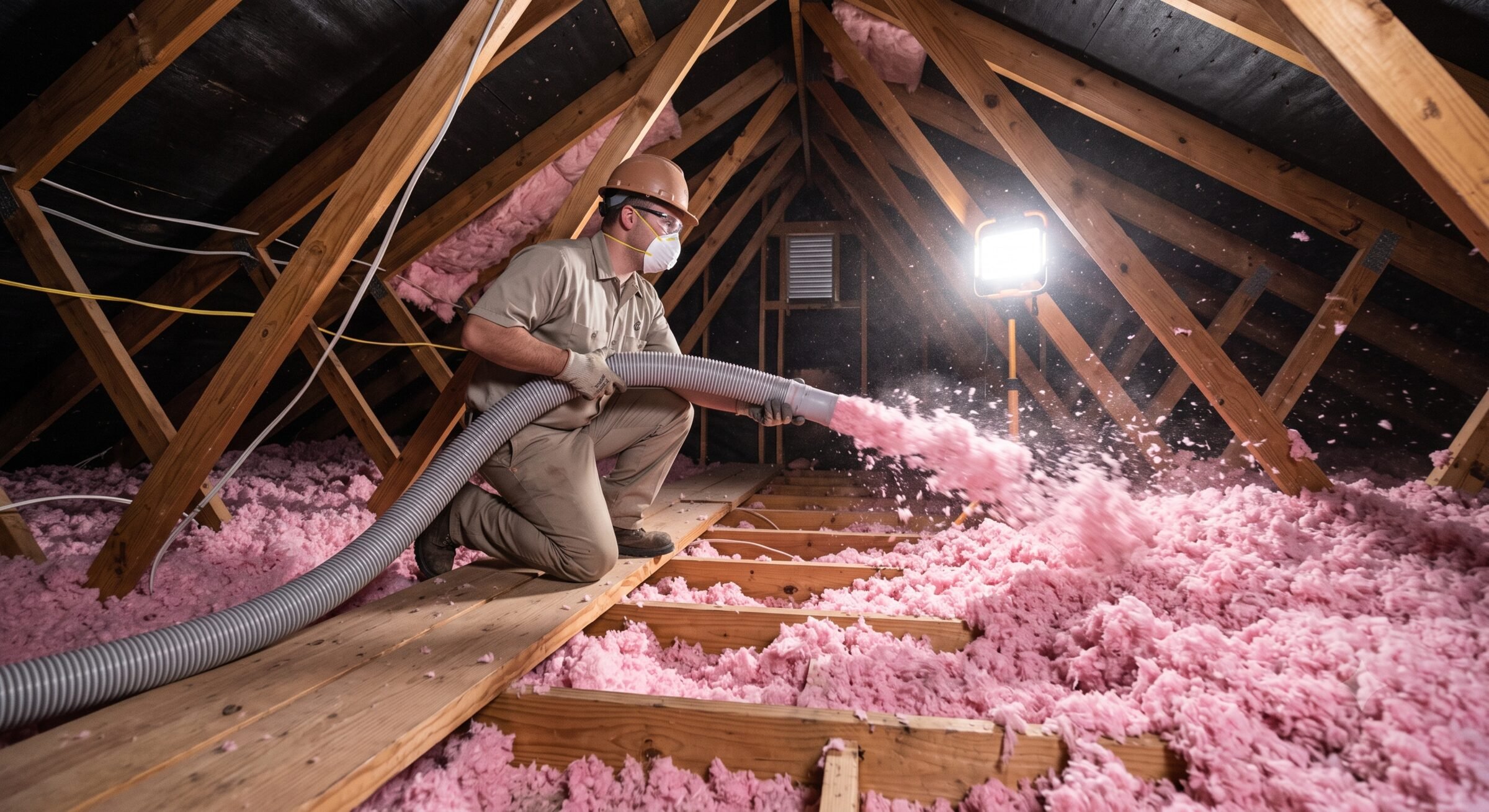 Blown-in fiberglass insulation being added between the joists of a residential attic