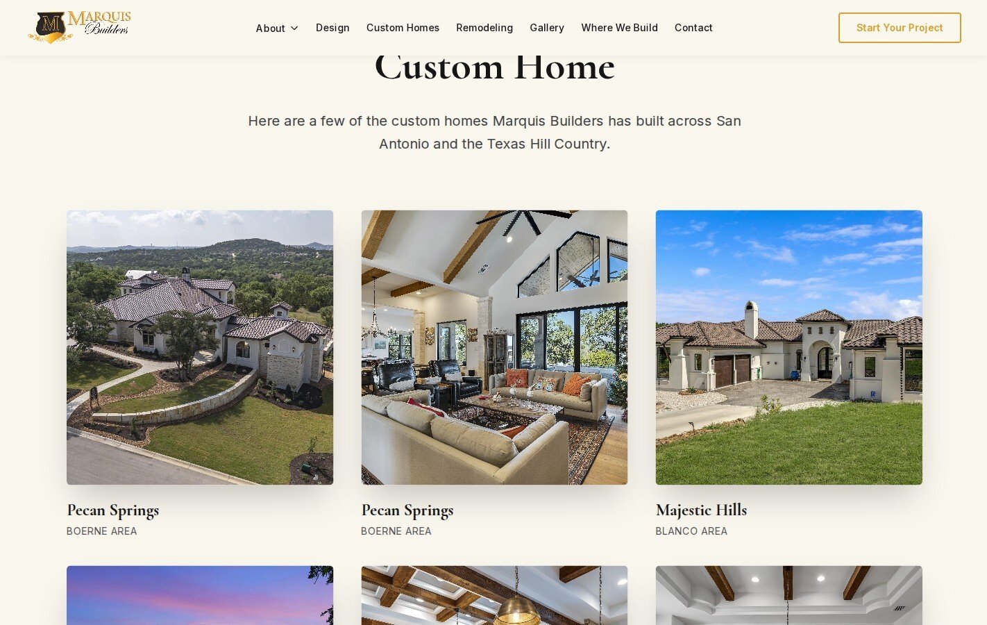The custom home gallery on the Marquis Builders website