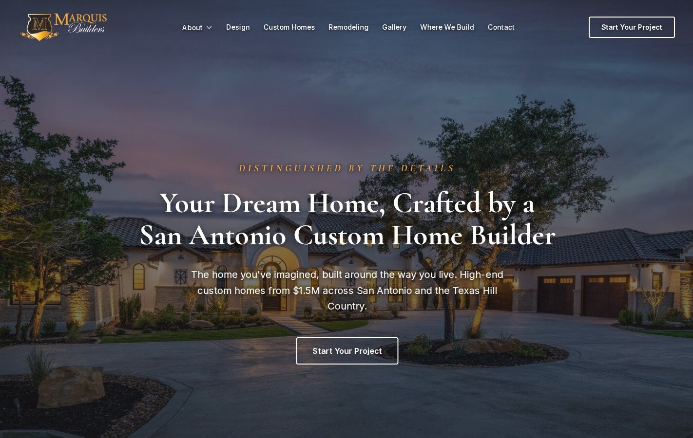The Marquis Builders custom home builder website homepage, designed and built by Allen Design and Development