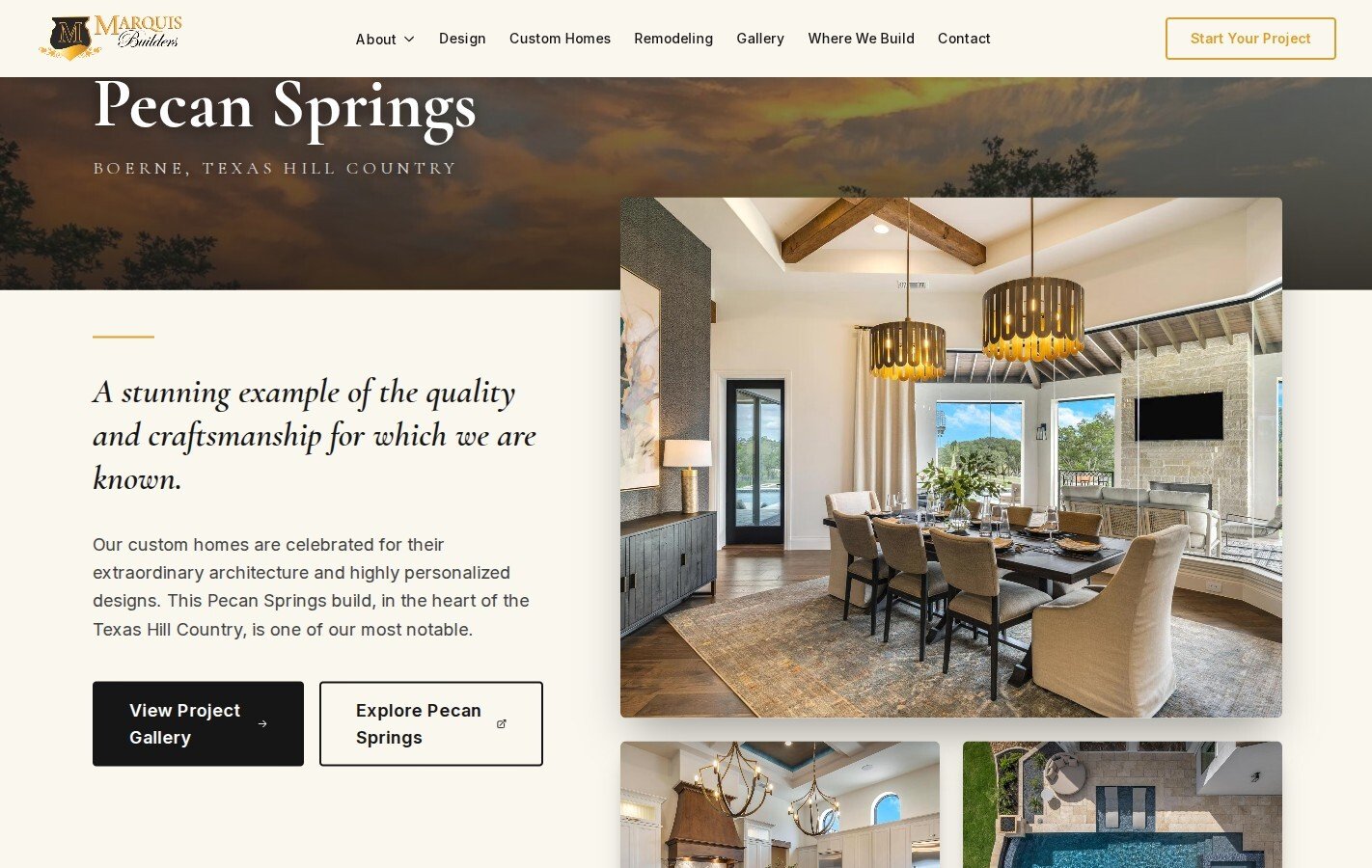 A featured custom home interior on the Marquis Builders website
