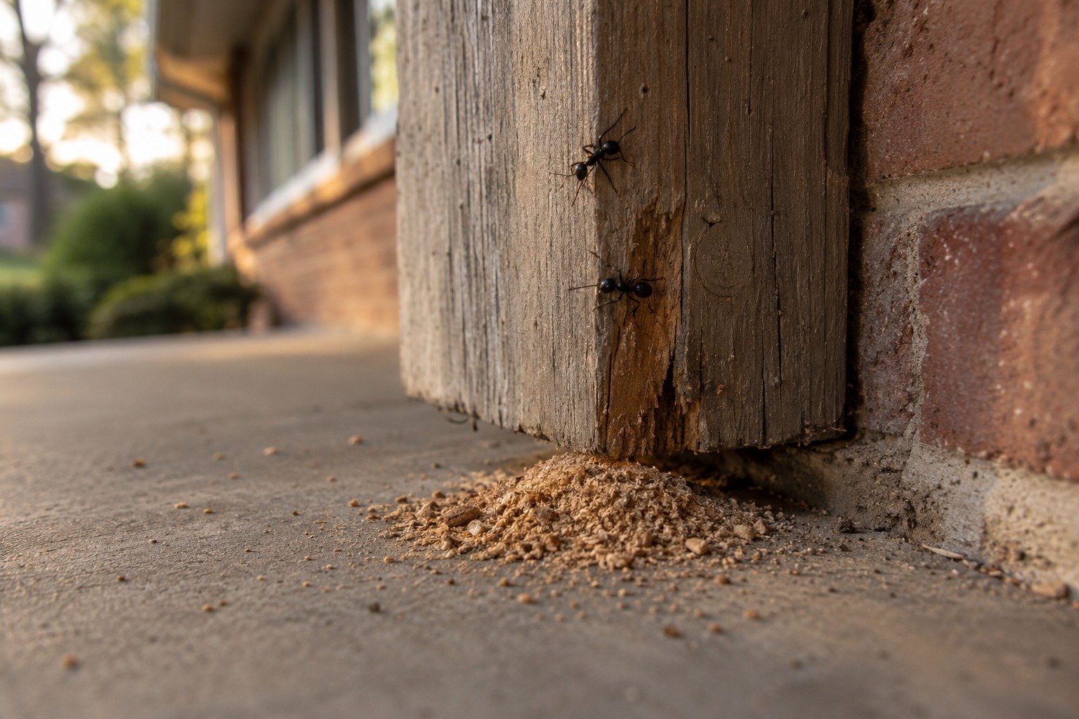 Sawdust-like shavings below a wooden porch beam with carpenter ants on the beam, Fredericksburg home