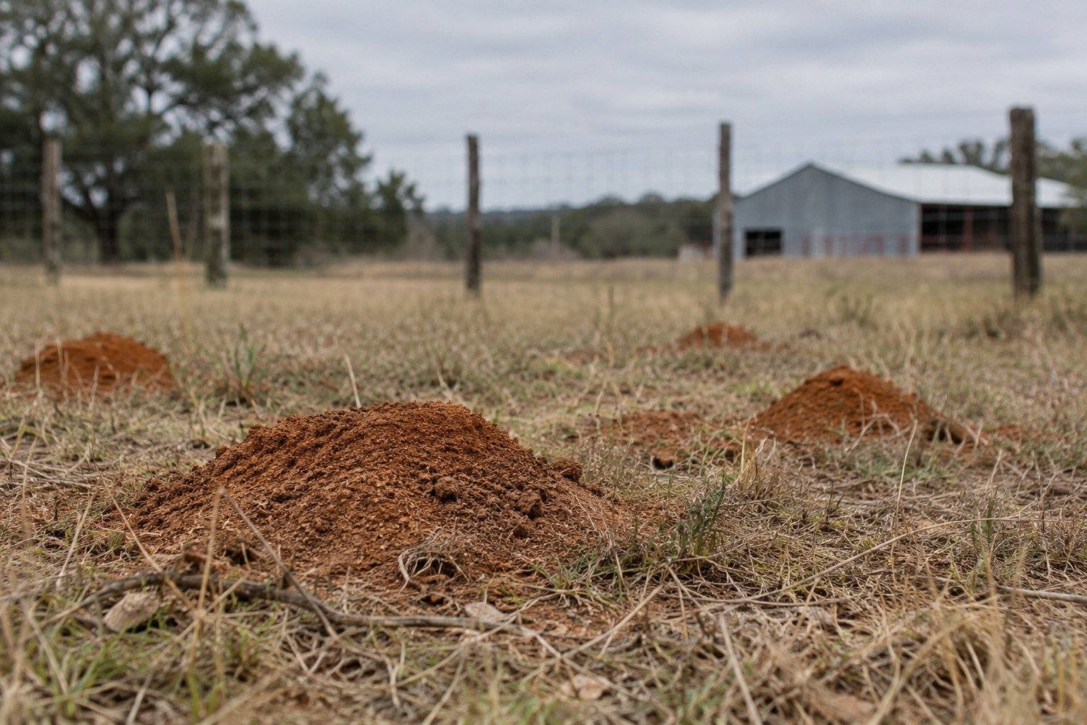 Fire ant mounds in a Gillespie County pasture with a ranch fence and barn behind