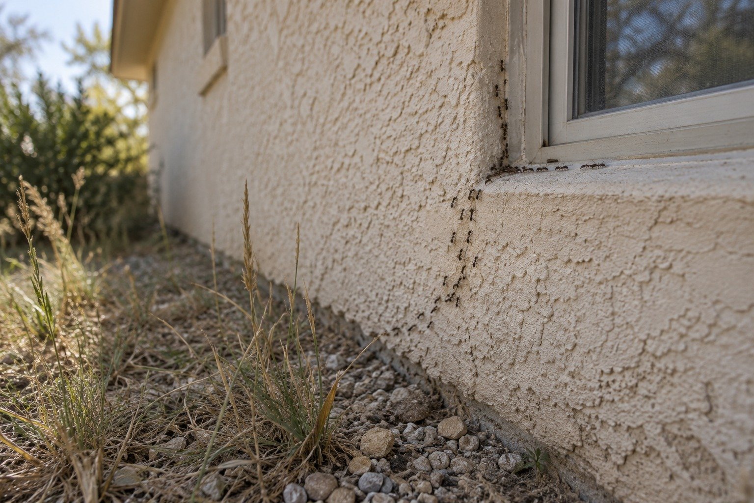 A trail of ants along the base of a stucco wall toward a kitchen window of a Fredericksburg home