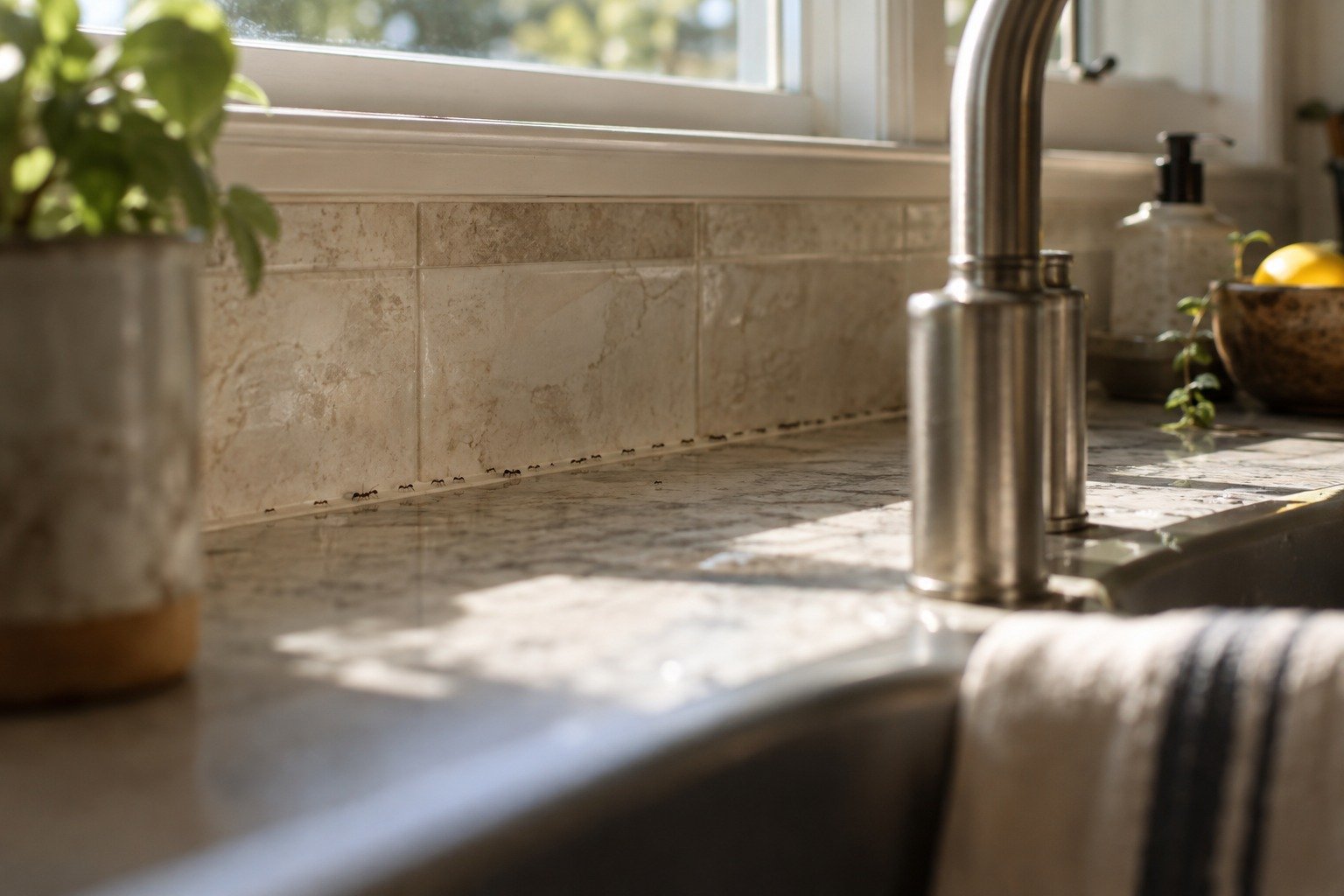 A trail of sugar ants along a kitchen backsplash in a Fredericksburg home