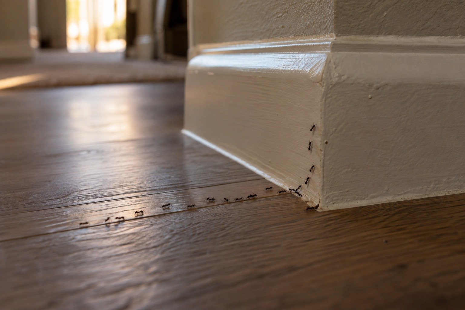 A line of ants crossing a baseboard and wood floor in a Fredericksburg home
