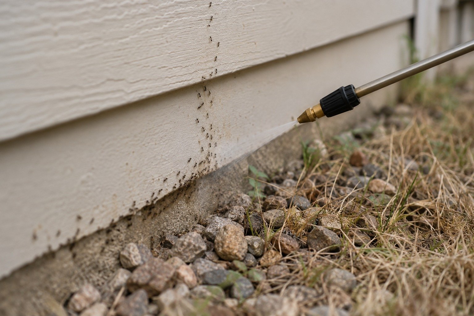 A sprayer wand treating the base of a frame house wall where an ant trail runs, Fredericksburg