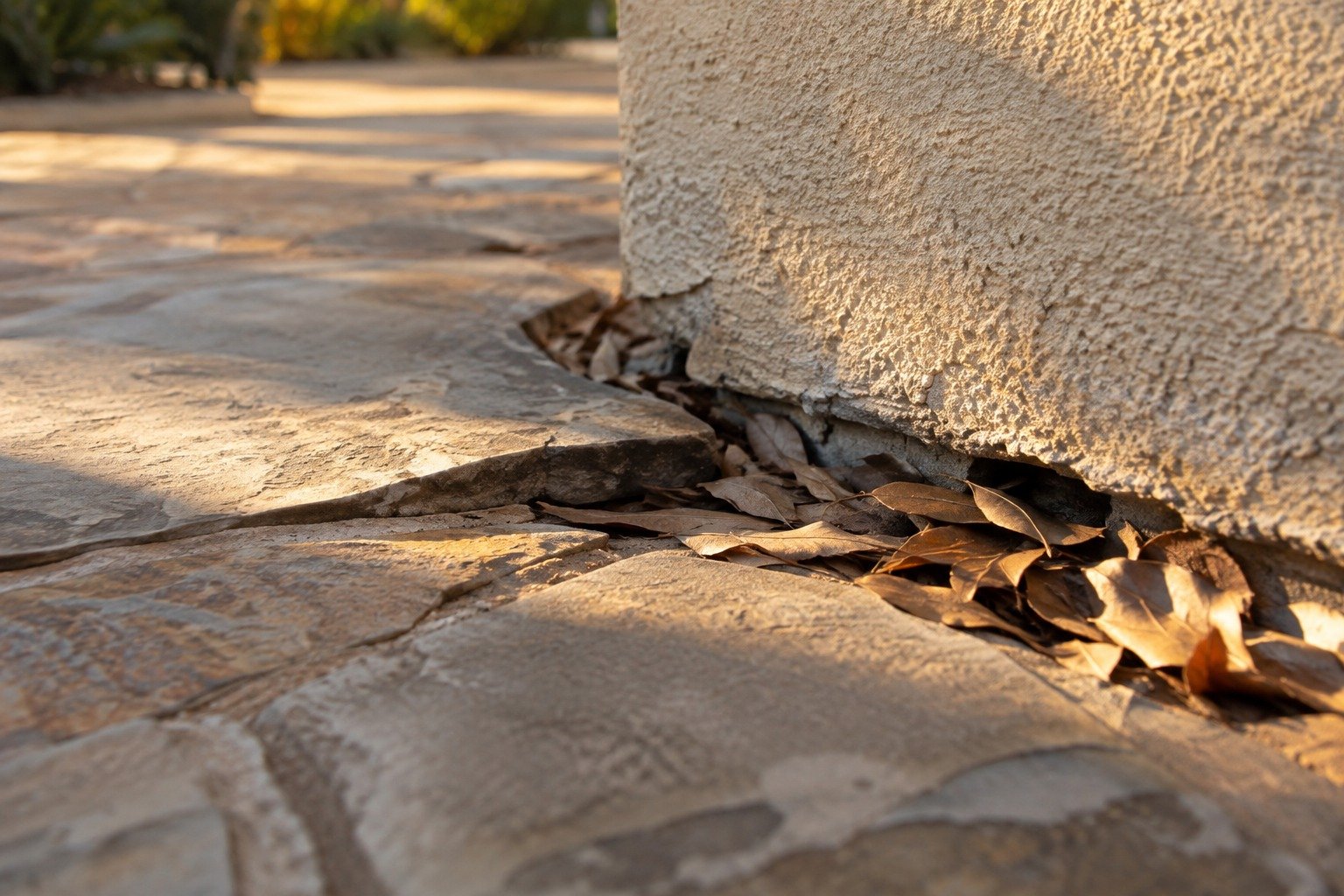 The base of a stucco patio wall in Fredericksburg with a gap under the flagstone and dry leaves