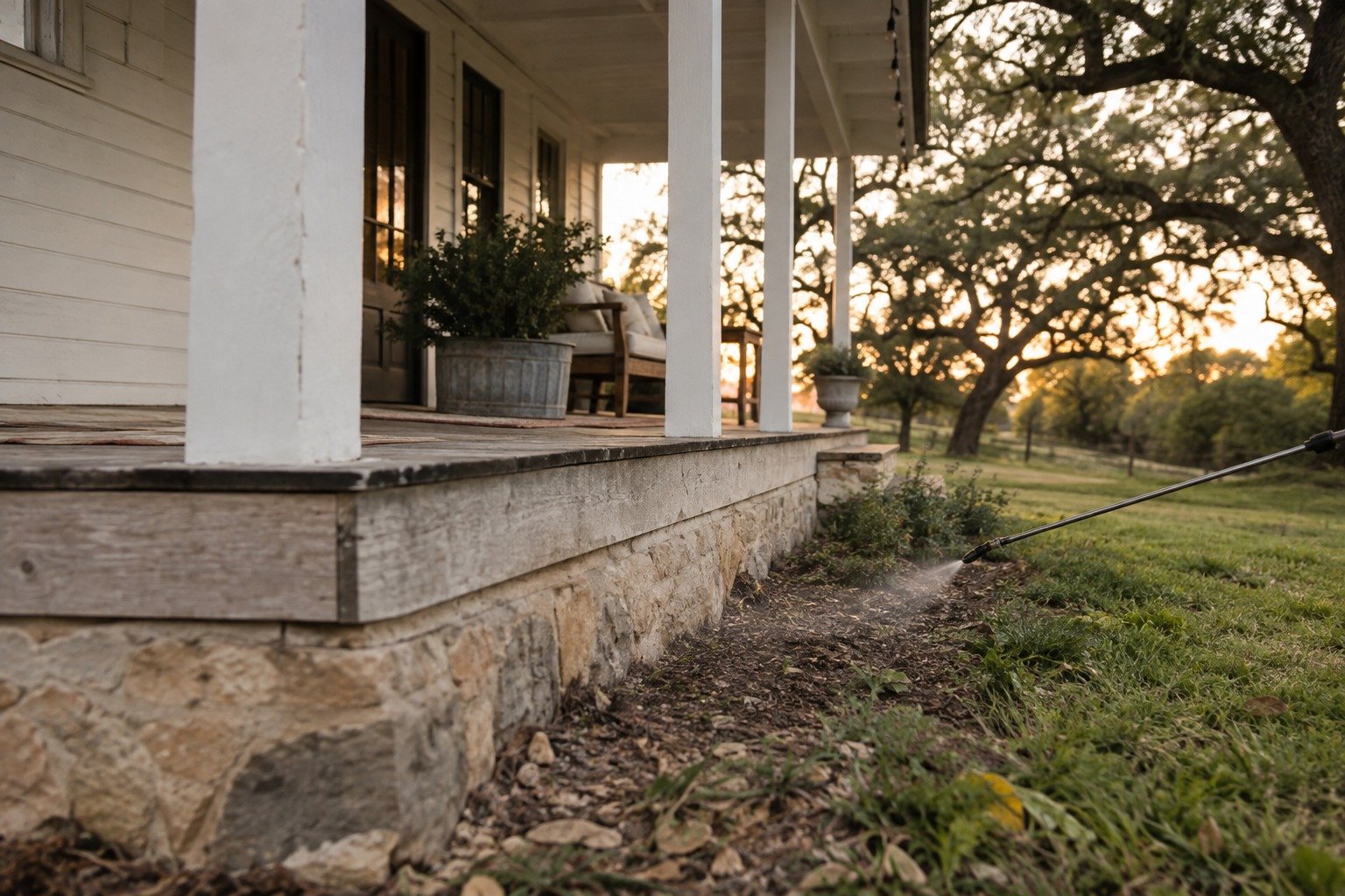 A sprayer wand treating around the base of a farmhouse porch in the Texas Hill Country in the evening