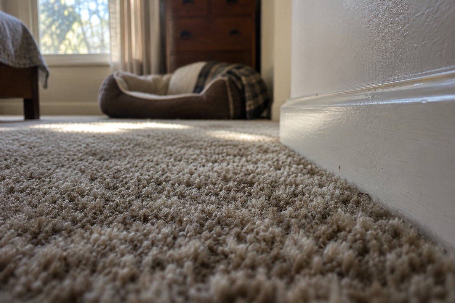 The edge of a bedroom carpet at the baseboard beside a pet bed in a Fredericksburg home