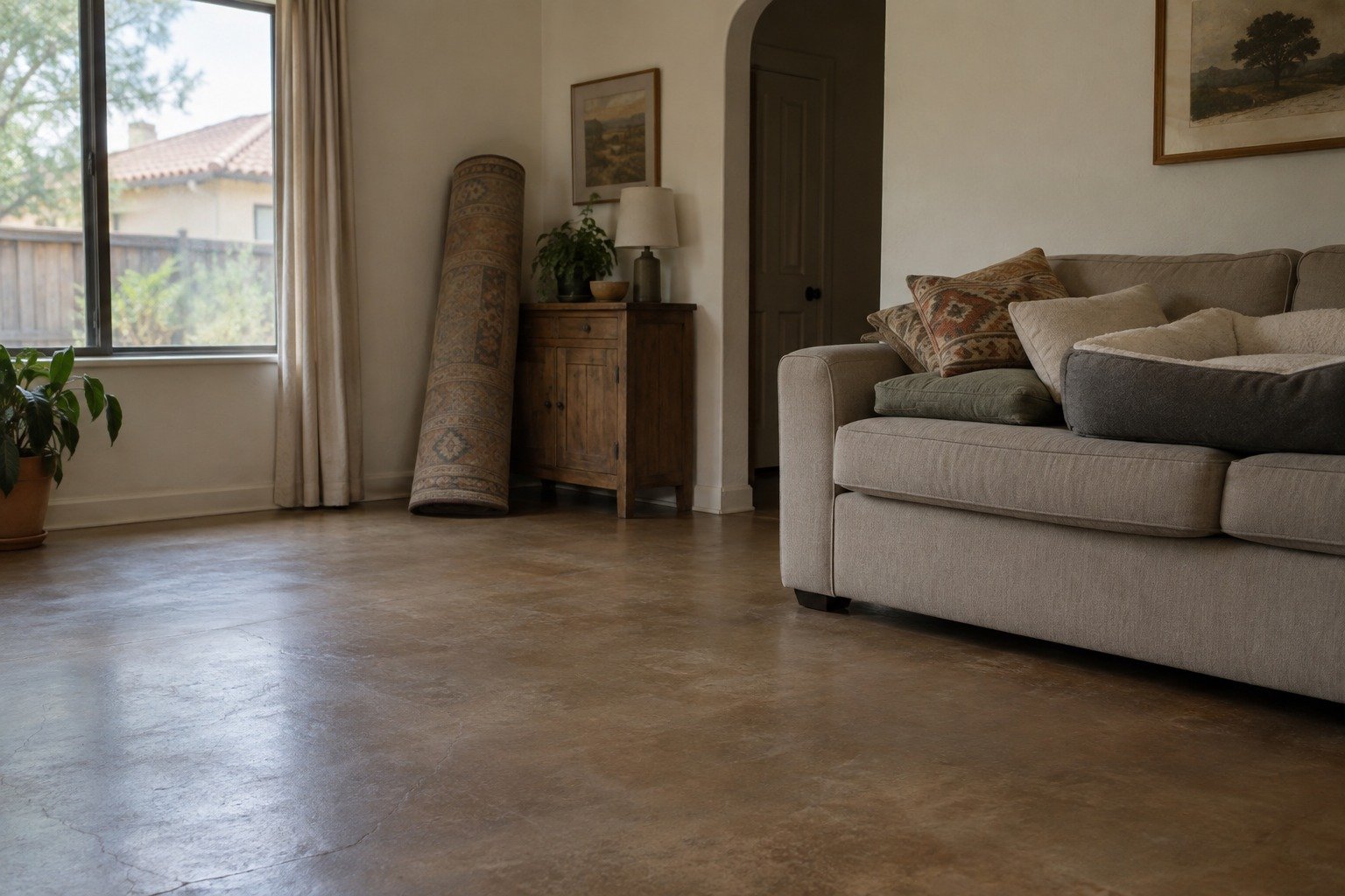 A living room cleared for a flea treatment, with the rug rolled up and the floor open