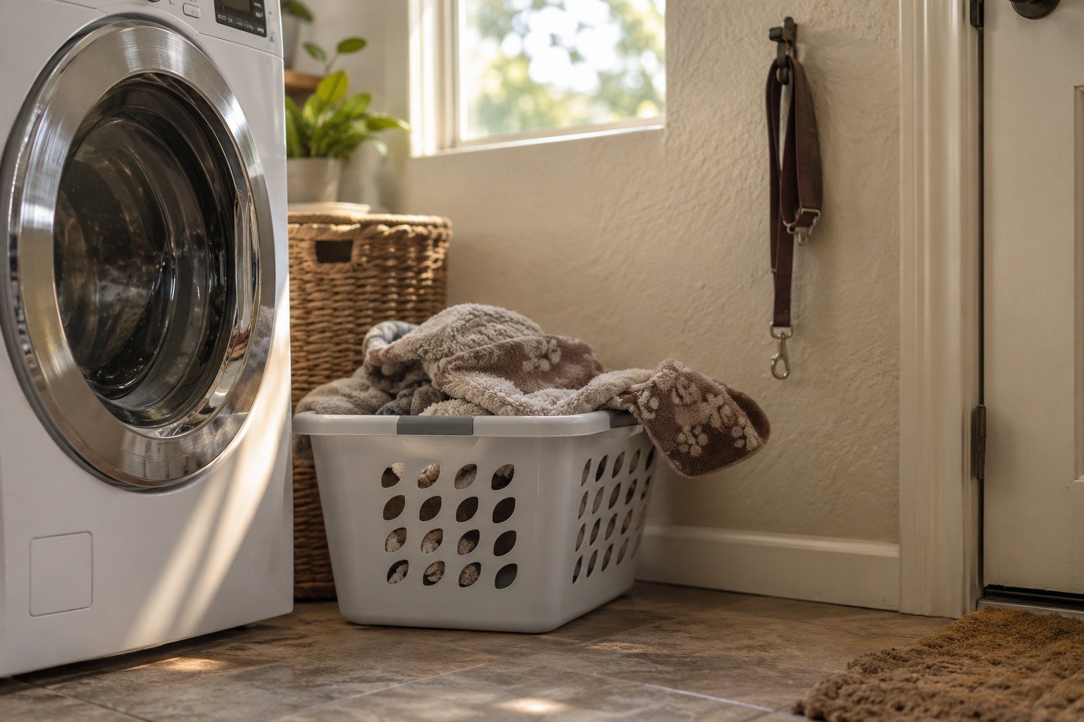Pet bedding in a laundry basket beside a washing machine, ready for a flea treatment