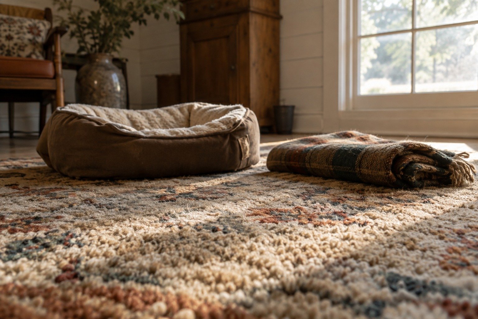 A dog bed and blanket on a wool rug in the living room of a Fredericksburg farmhouse