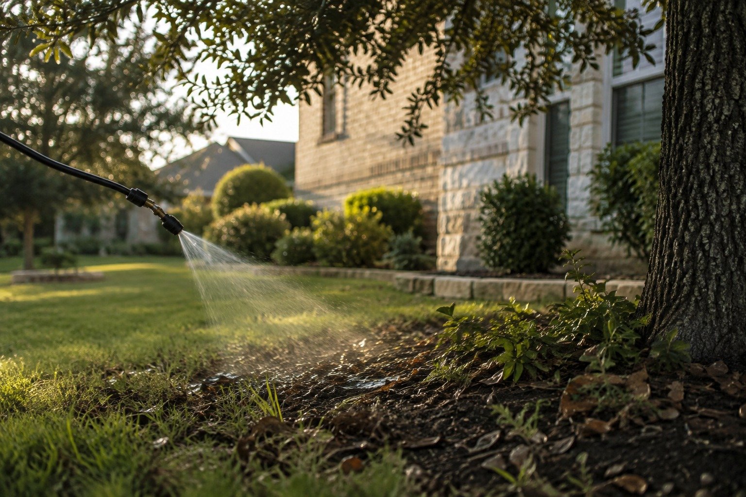 A sprayer wand treating the shaded lawn edge beneath a live oak beside a Fredericksburg home