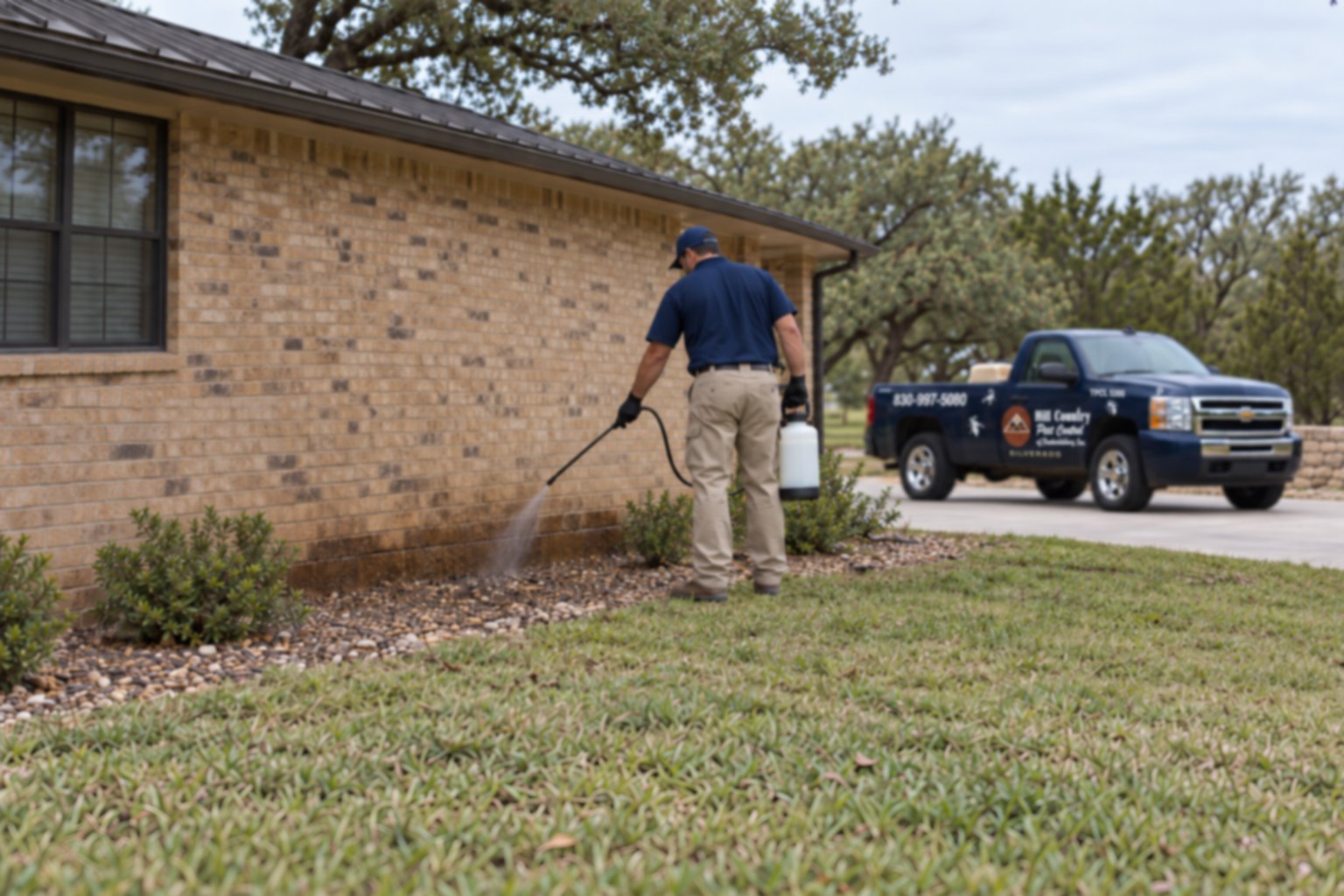 A Hill Country Pest Control technician treating along the foundation of a Fredericksburg home
