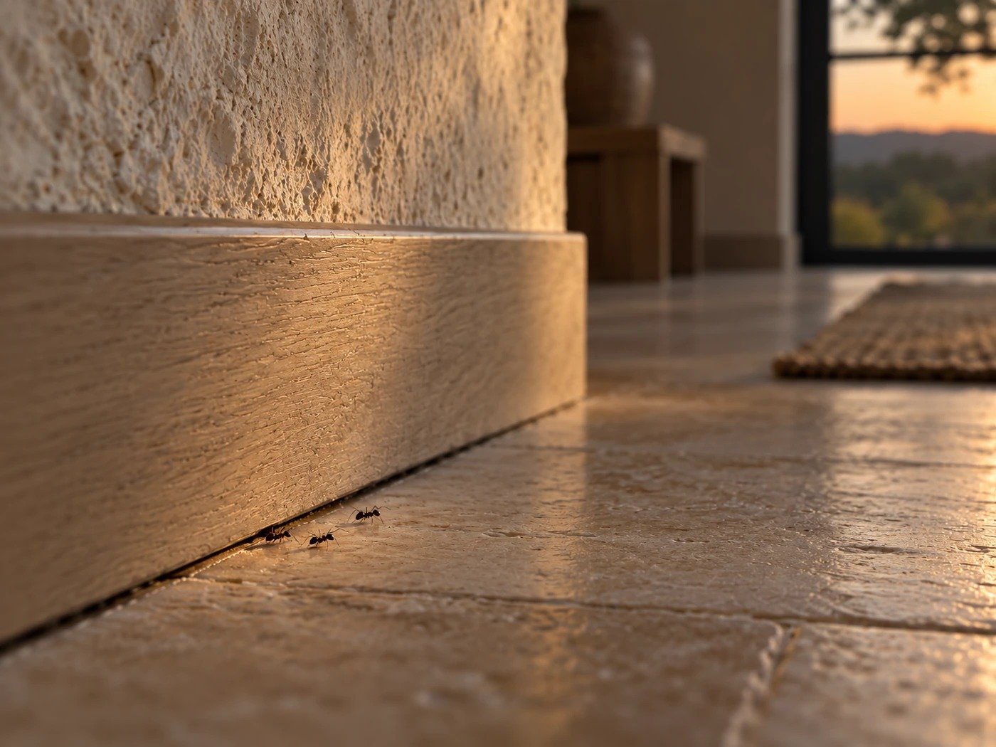 Ants at the gap where a baseboard meets a tile floor, inside a Hill Country home at dusk