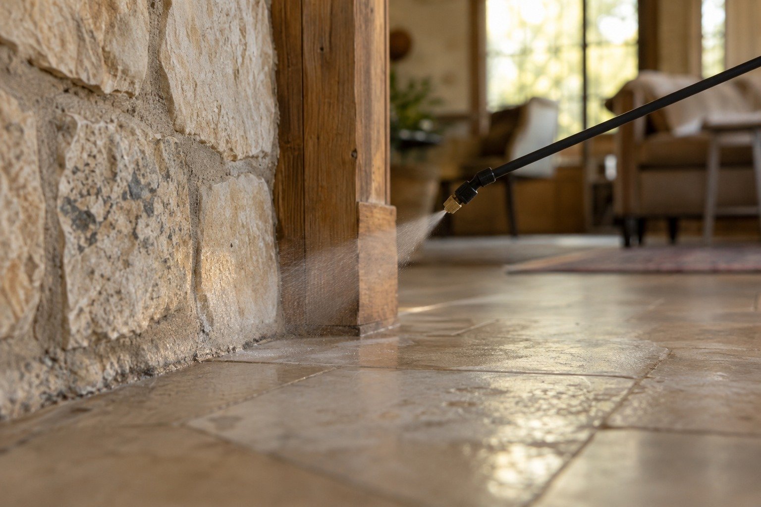 A pump sprayer wand laying a fine mist along the base of a stone wall inside a Hill Country home