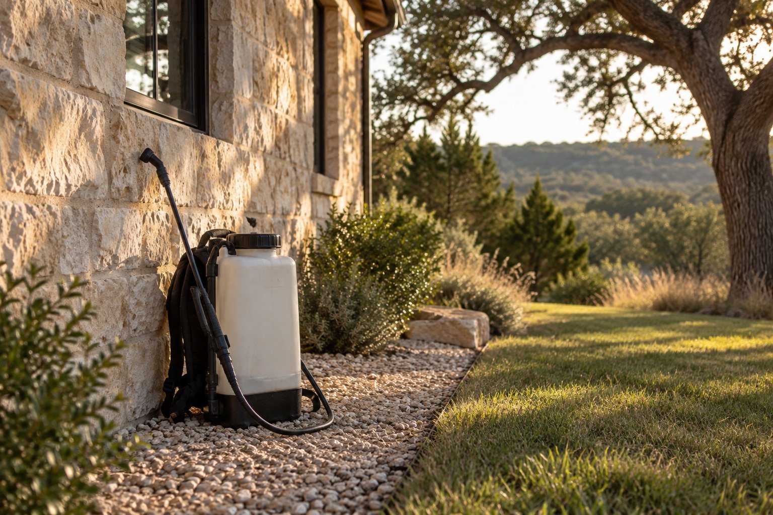 A backpack pump sprayer resting against the limestone wall of a Hill Country home beside the lawn