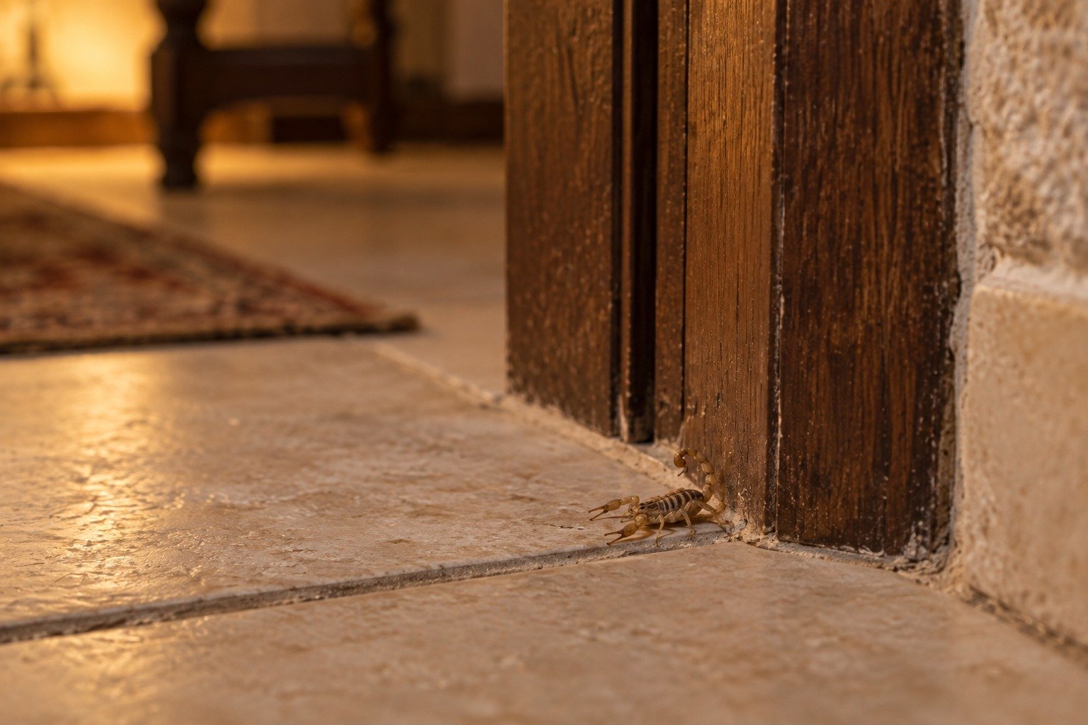 A striped bark scorpion on a tile floor at the base of a door frame inside a Hill Country home