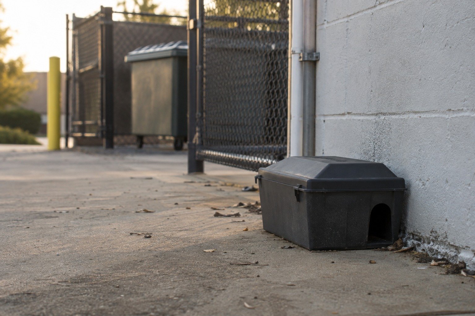 A rodent bait station along the block wall of a commercial building beside a dumpster enclosure