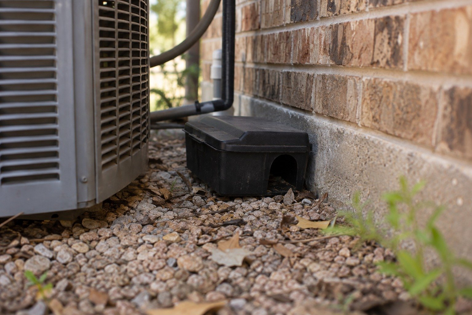 A rodent bait station beside an air-conditioning unit against a brick home in Fredericksburg