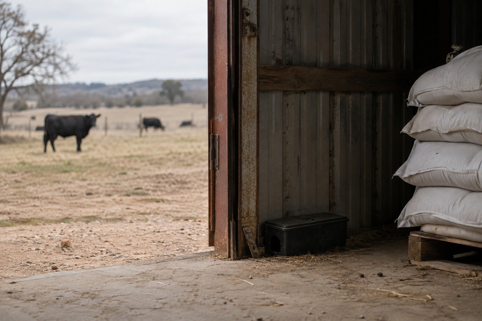 A bait station inside the doorway of a metal barn on a Gillespie County ranch with cattle beyond