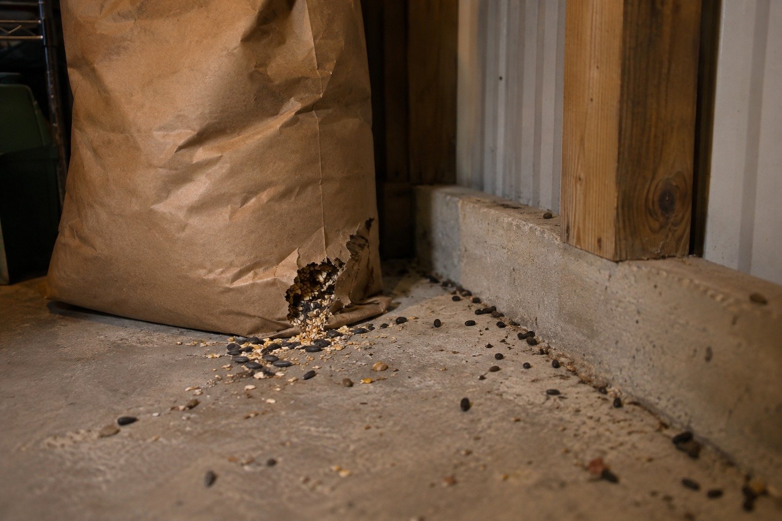 A gnawed feed sack and rodent droppings on a garage floor in a Fredericksburg home