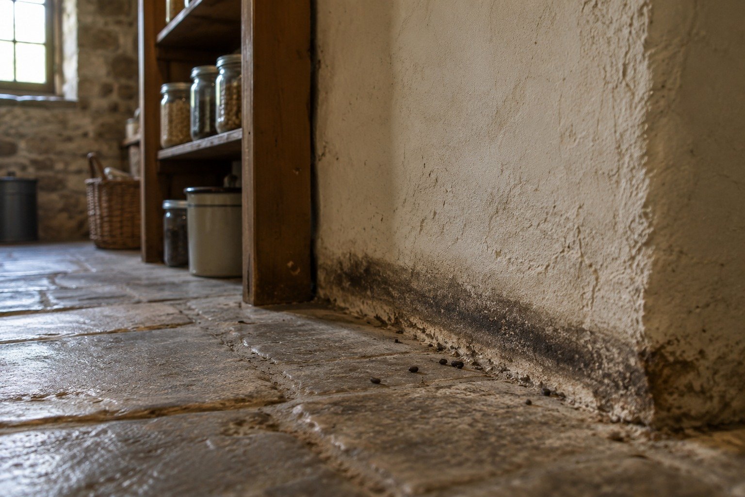 A greasy rub mark and droppings along the base of a pantry wall in an older Fredericksburg stone house