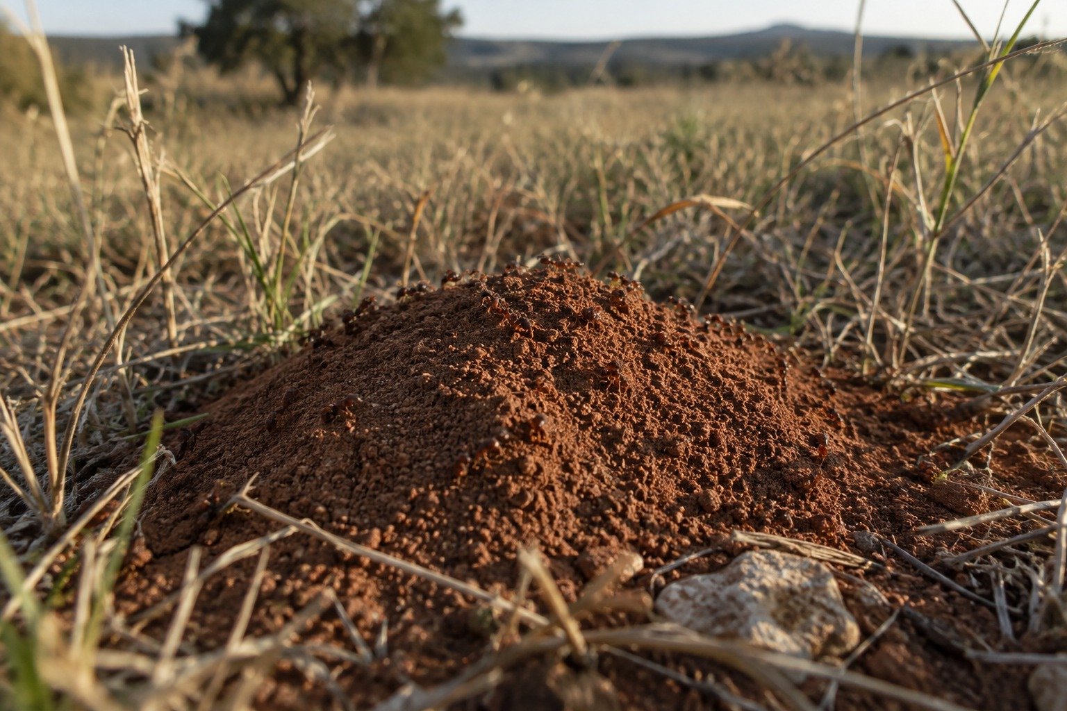 A fire ant mound in Gillespie County pasture grass