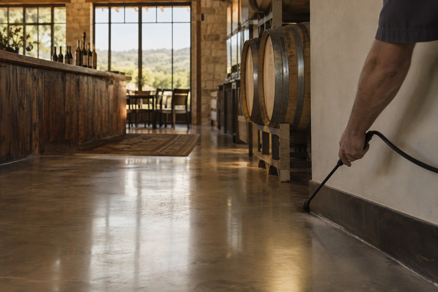 A technician treating the baseboard of a Hill Country winery tasting room