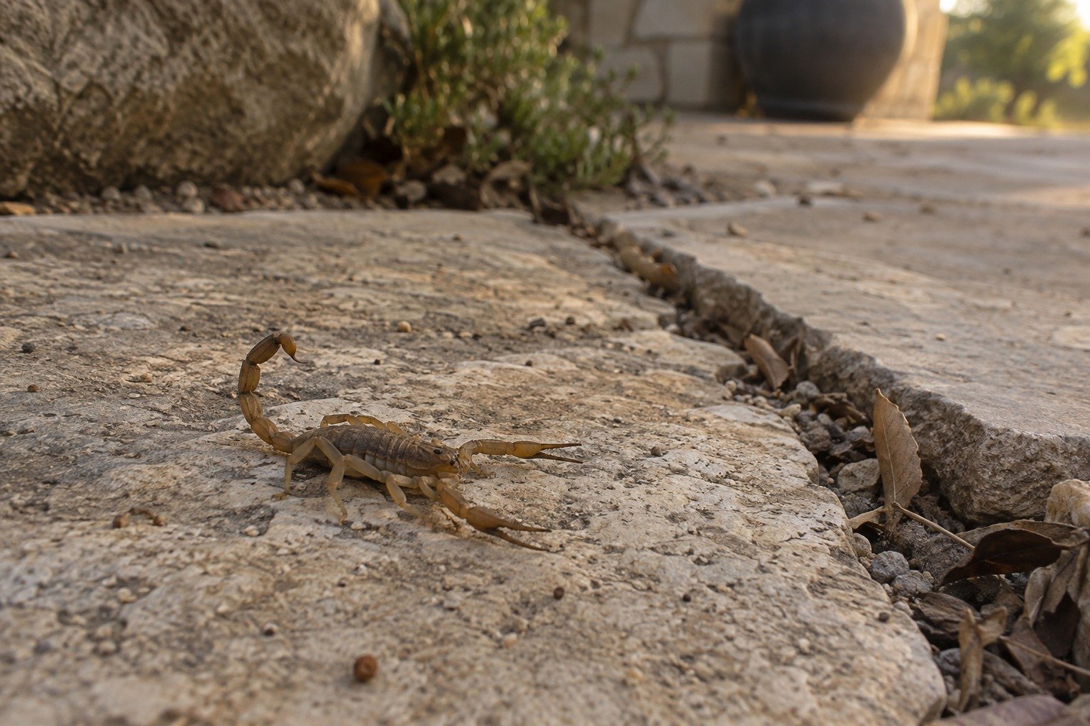 A scorpion on a limestone patio at dusk