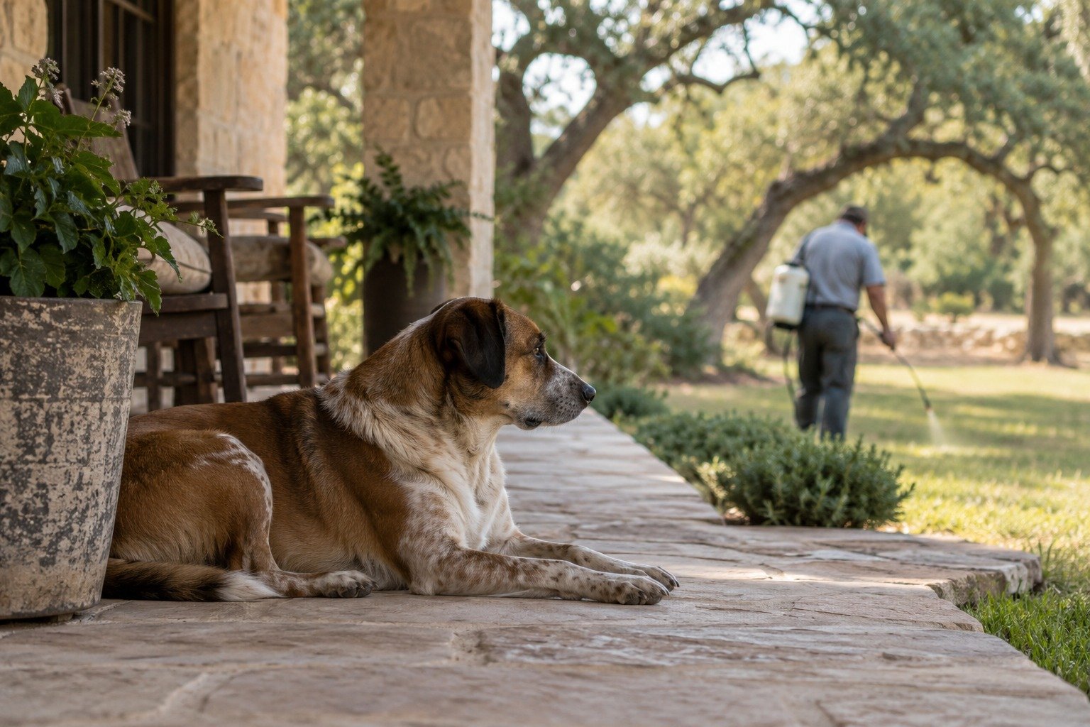 A dog on a limestone porch while a technician treats the yard behind