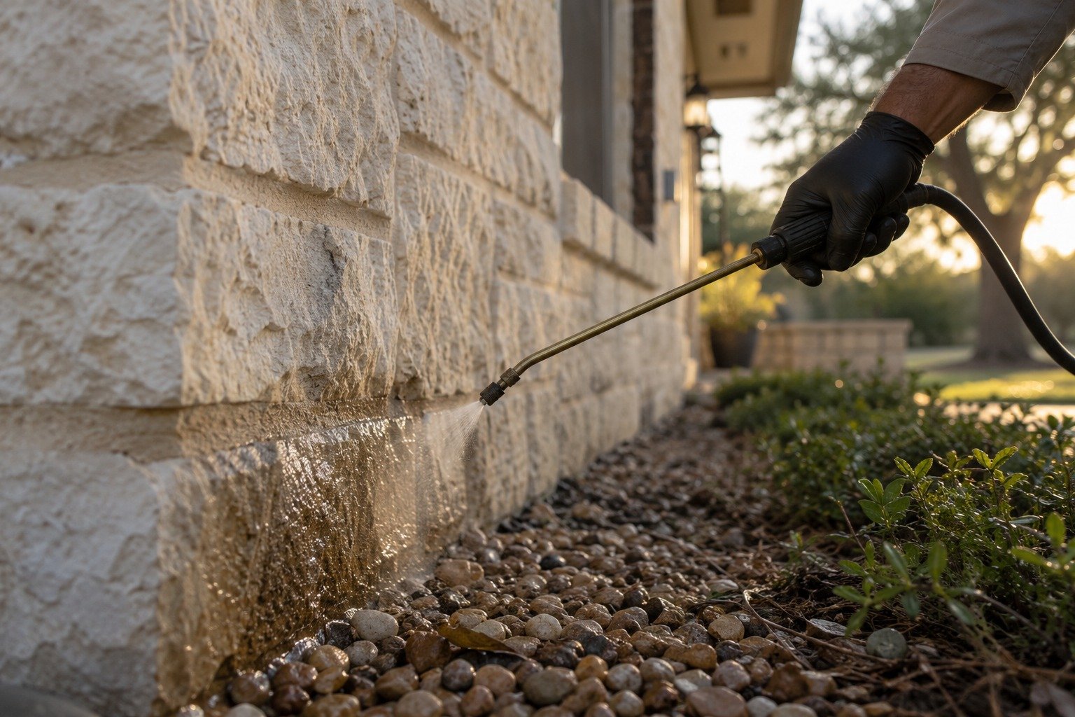 A technician treating the base of a Hill Country limestone home