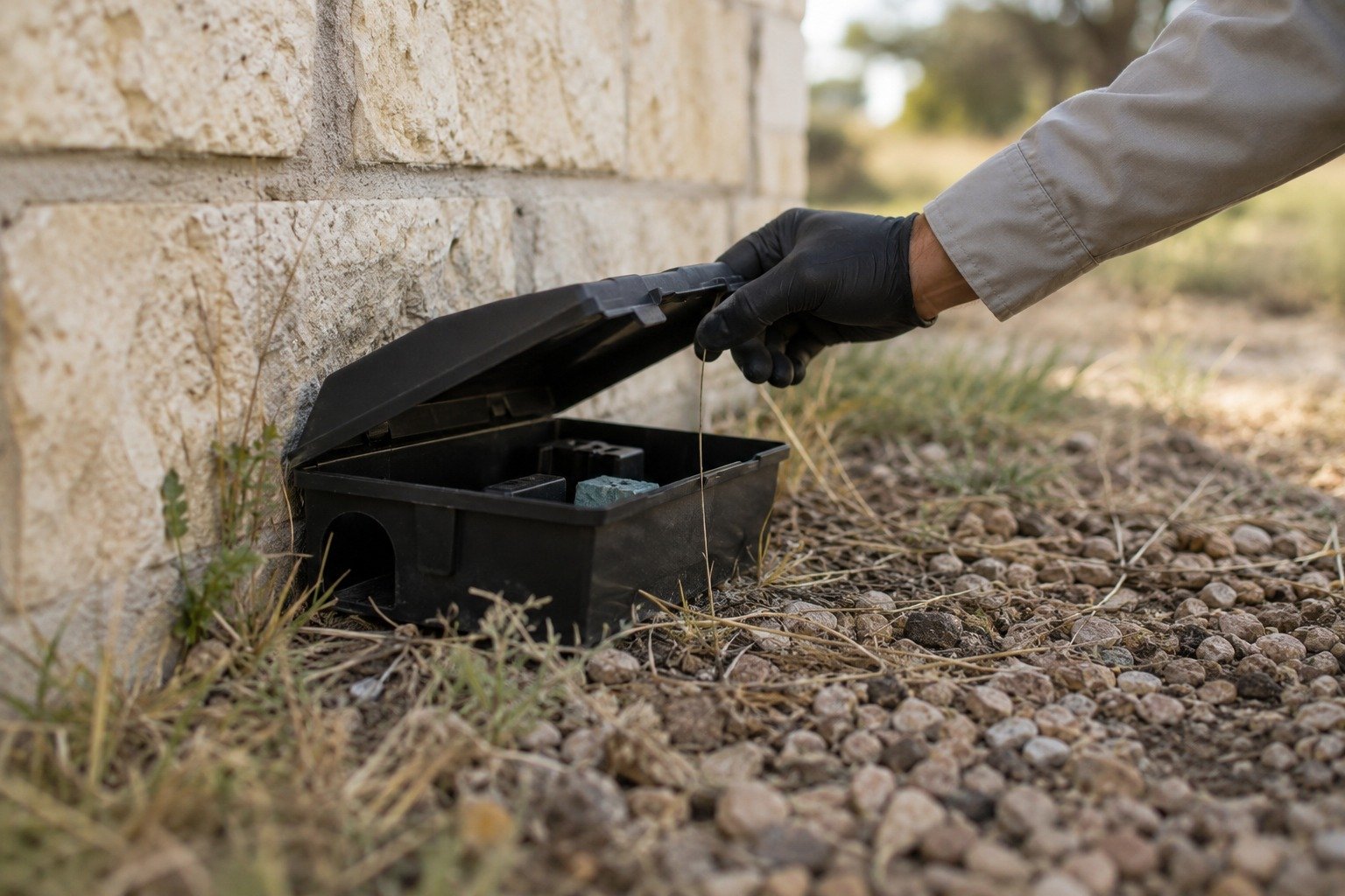 A technician checking a rodent bait station against a limestone foundation
