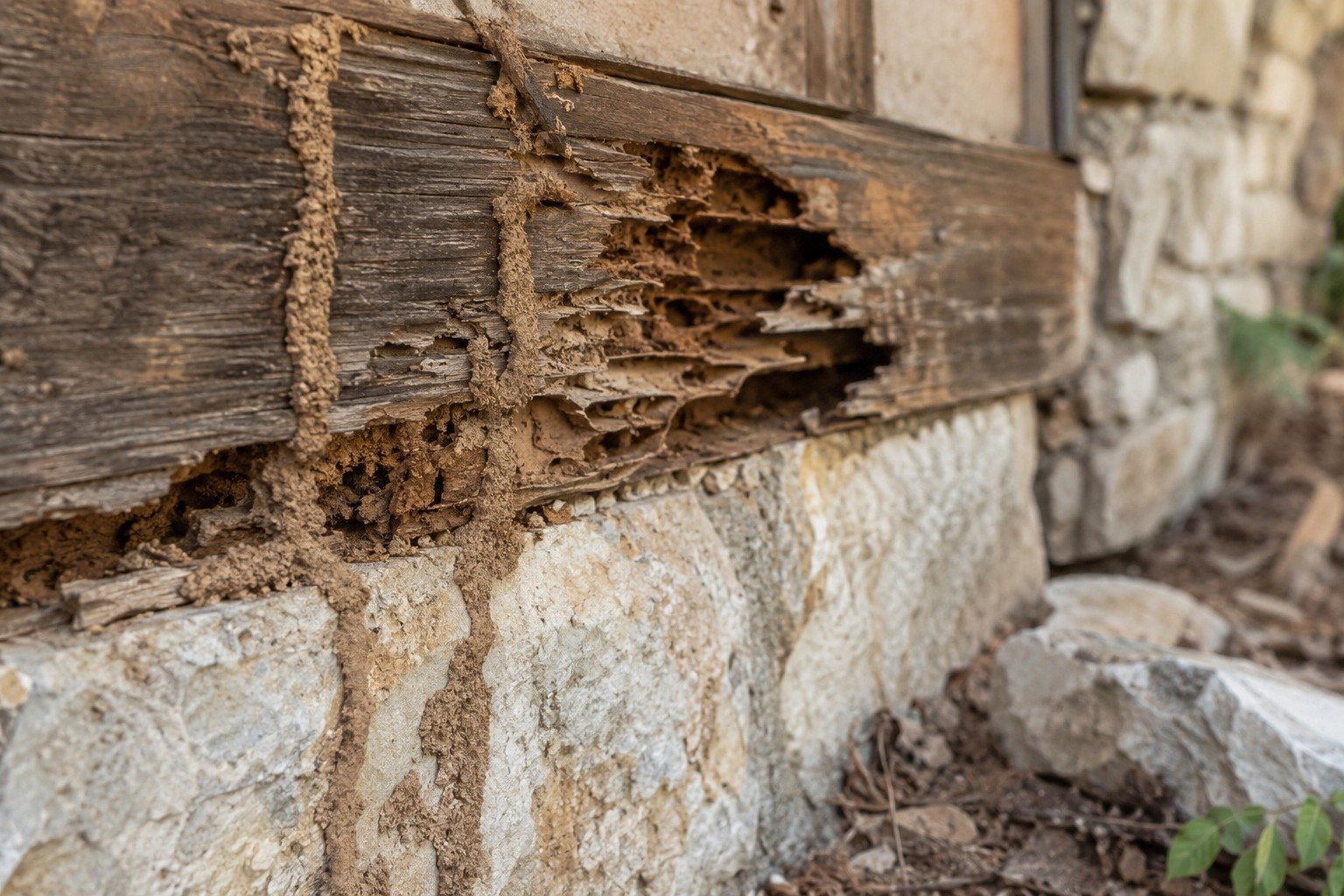Termite mud tubes on limestone and galleries eaten through a wooden beam