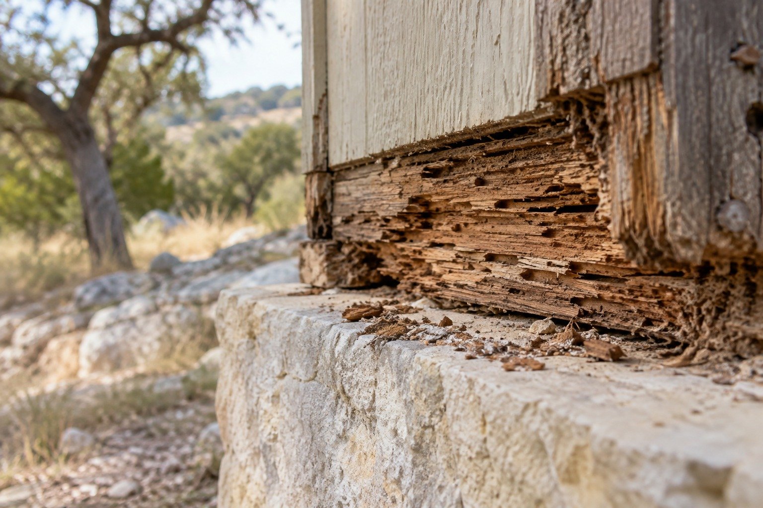 A termite-damaged sill plate eaten into galleries where a wood wall meets a limestone foundation