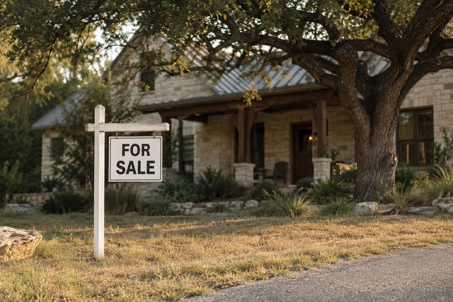 A limestone Hill Country home with a for sale sign in the front yard