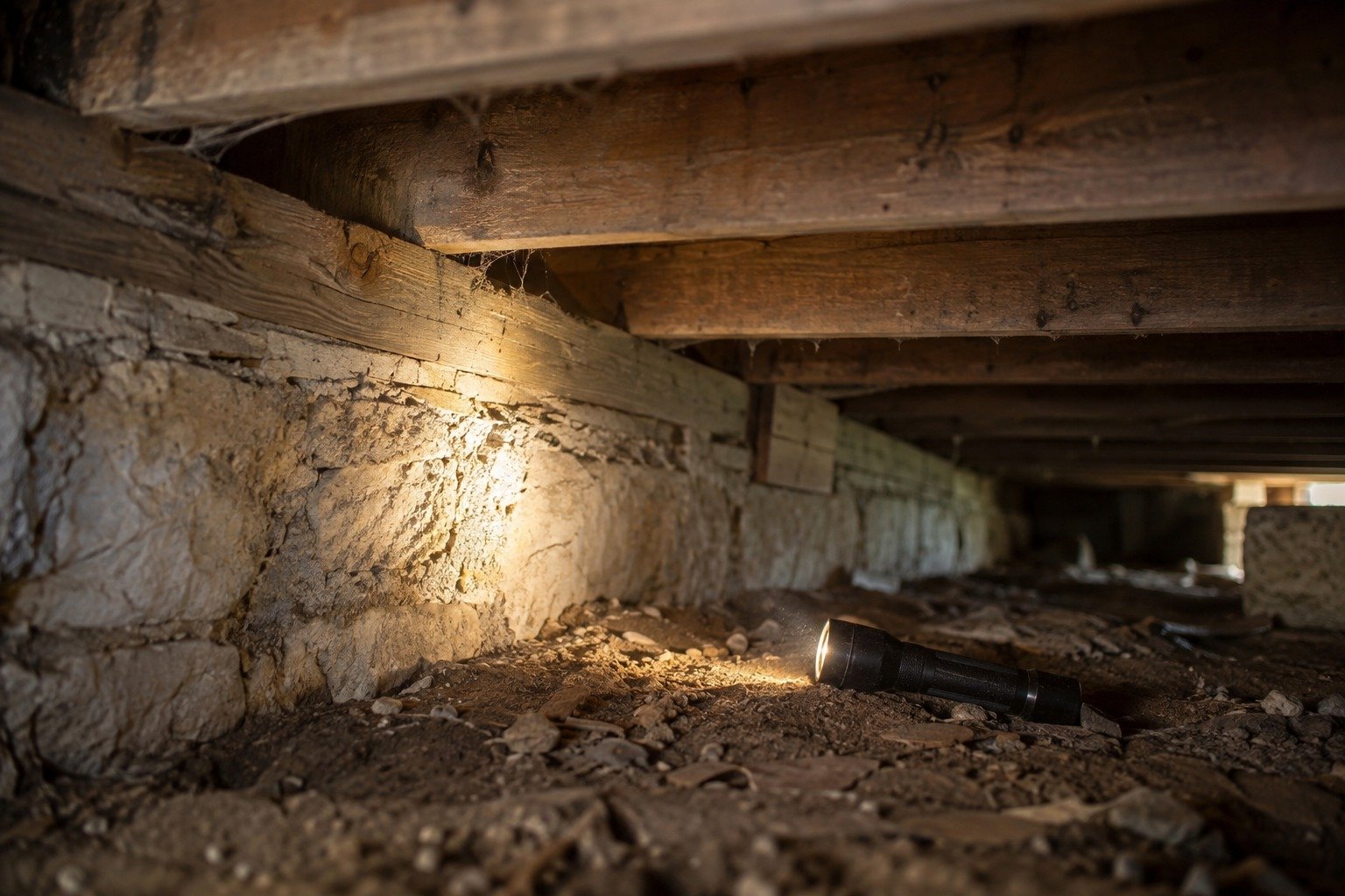A flashlight lighting the sill plate and floor joists in a crawlspace