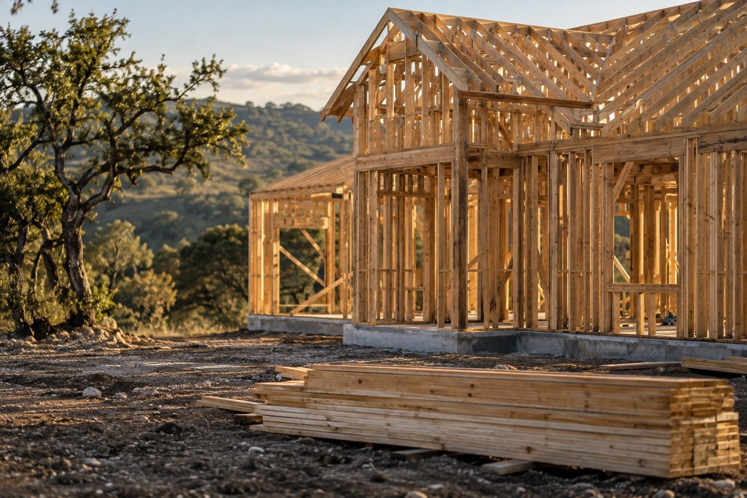 The wood framing of a new house on a concrete slab in the Texas Hill Country