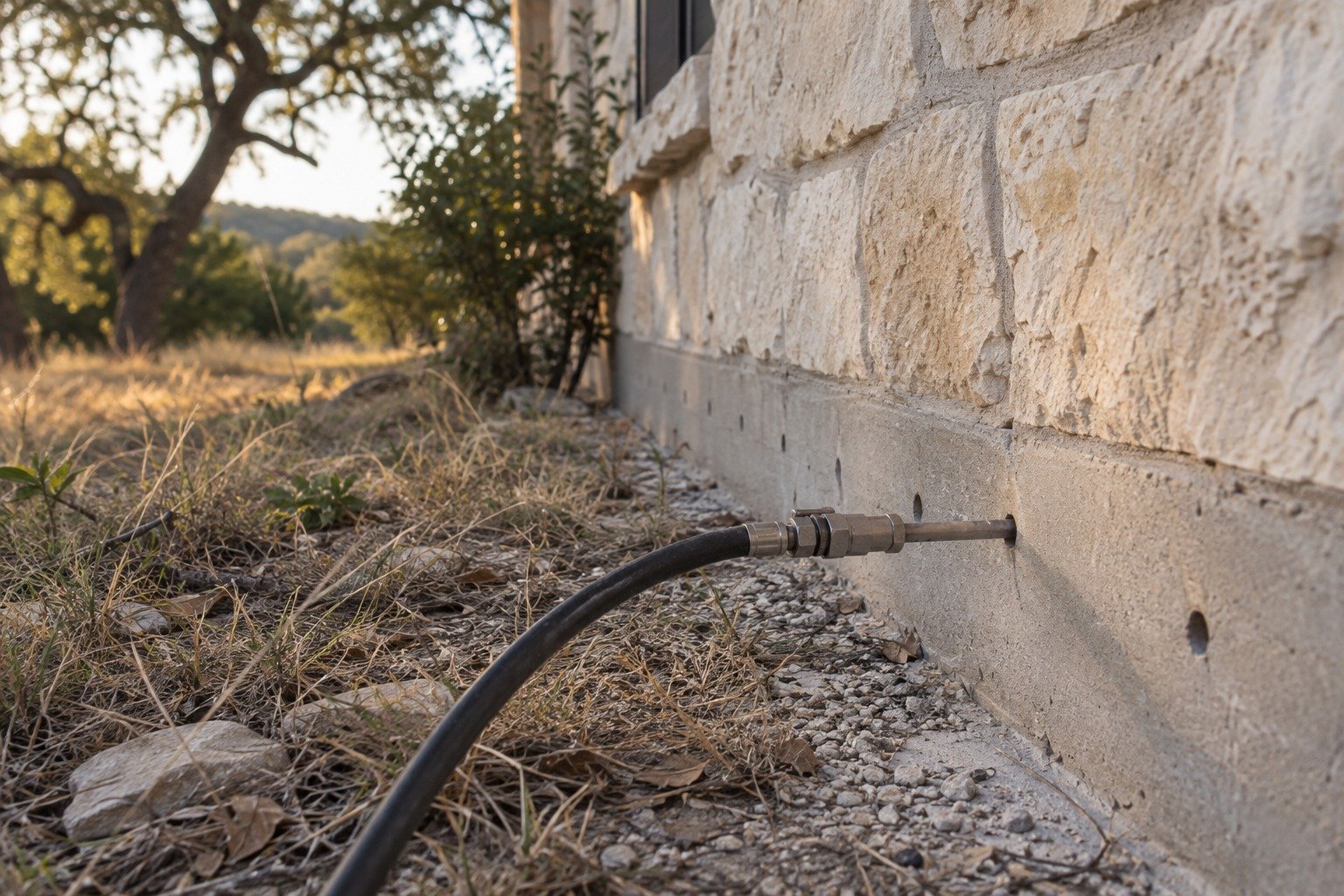 A treatment rod and hose inserted into a drilled hole along a concrete slab foundation