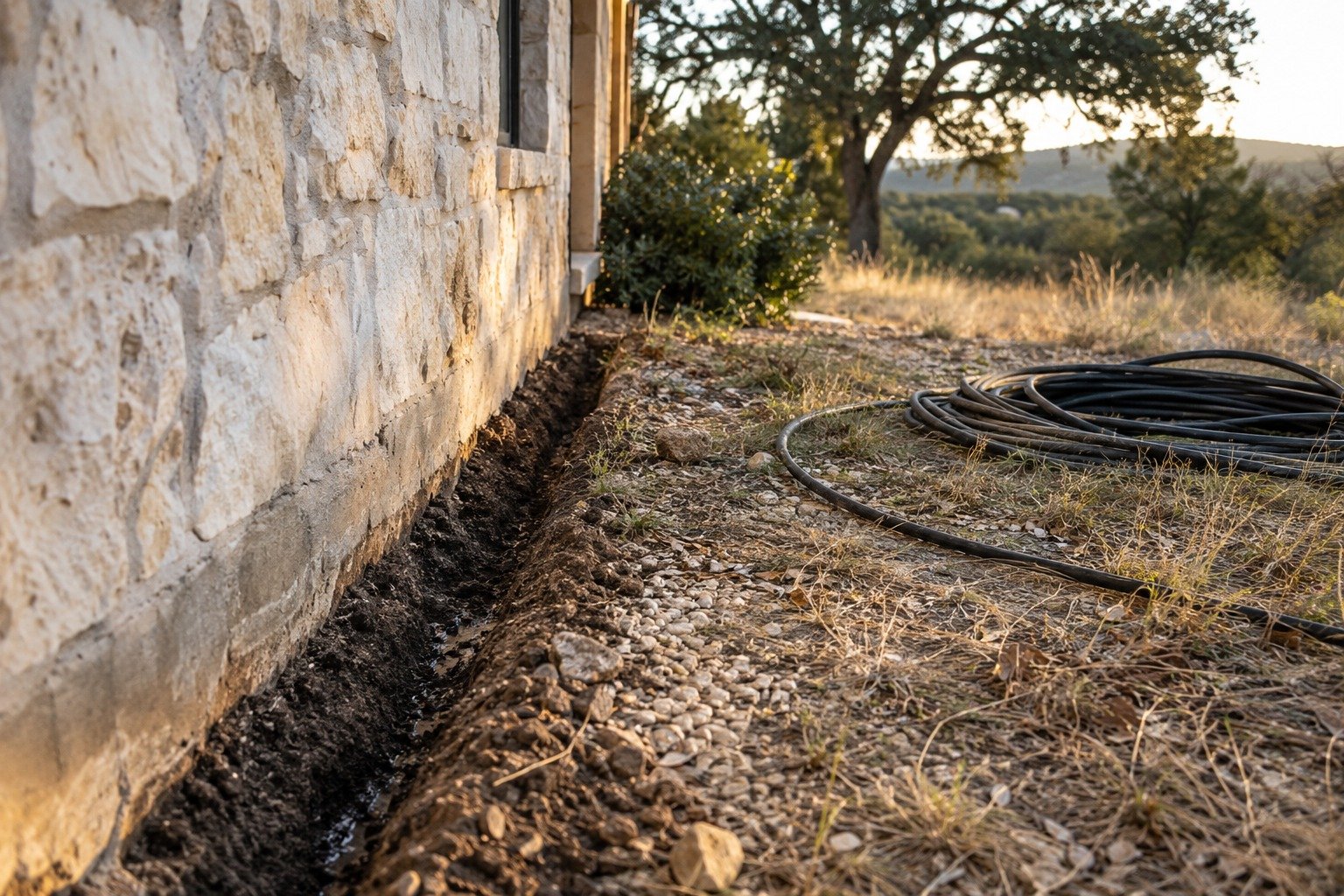 A treatment trench dug along the base of a limestone foundation wall with an application hose beside it