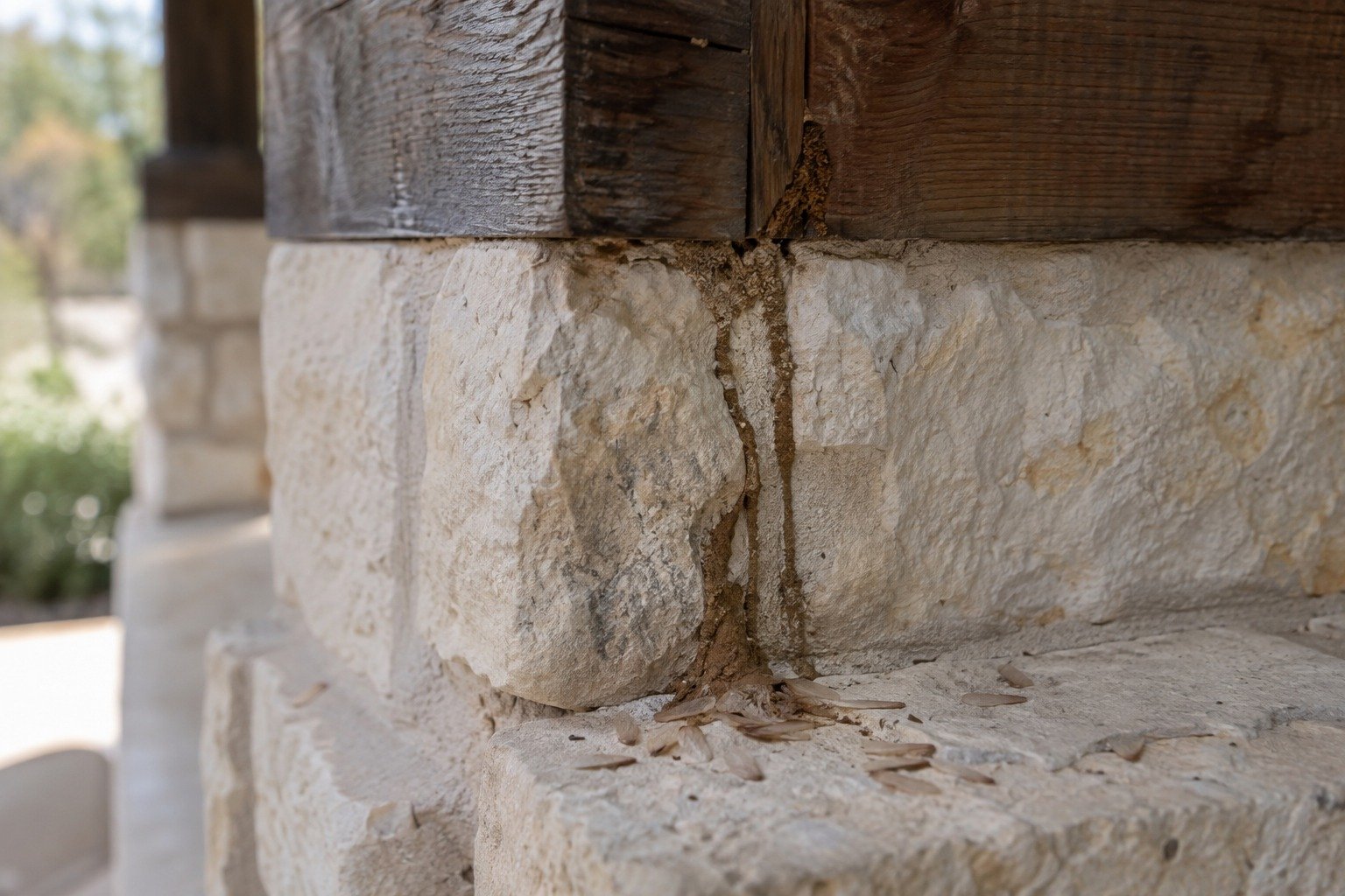 A termite mud tube running up a limestone pier to a wooden beam, with shed termite wings on the ledge below