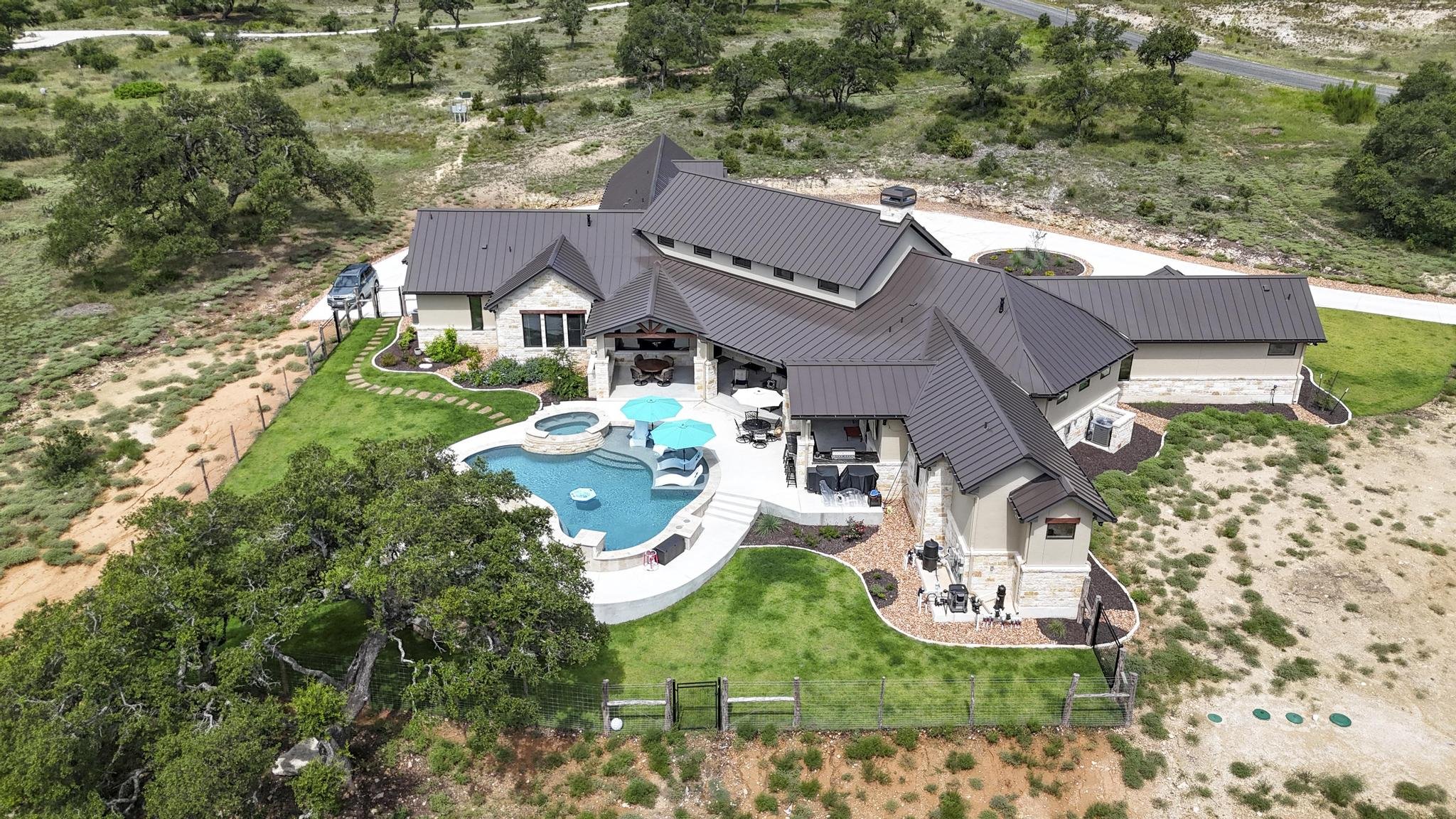 Marquis Builders custom home aerial view, 24 Dry Bear Creek