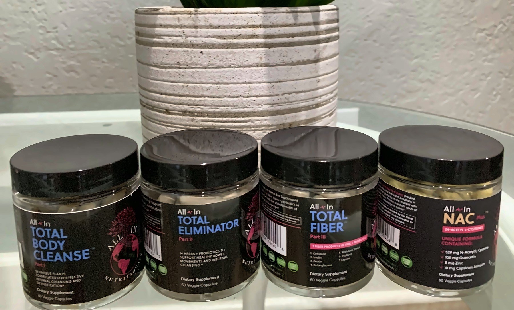 The All-In Nutritionals Triple Cleanse set Linda recommends: Total Body Cleanse, Total Eliminator, Total Fiber and NAC Plus